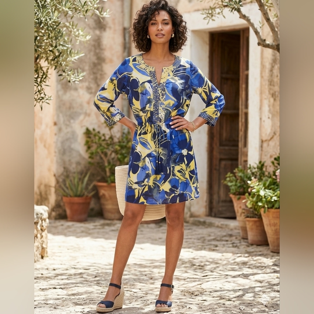 St‎ John Sport Silk Floral Multi Sequined Belted Tunic Side Slits V Neck Dress